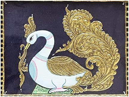 הודו האקזוטי 13 x 11 טווס טנג'ור ציור | צבעים מסורתיים עם זהב 24 קראט | מסגרת עץ טיק | זהב ועץ
